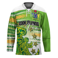 Personalised Cook Islands Va'a Race Hockey Jersey Te Tatau Tattoos Sporty Style Green-White Color - Polynesian Pride