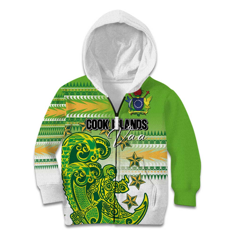 Personalised Cook Islands Va'a Race Kid Hoodie Te Tatau Tattoos Sporty Style Green-White Color LT03 Zip Hoodie Green - Polynesian Pride
