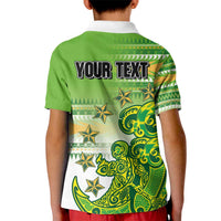 Personalised Cook Islands Va'a Race Kid Polo Shirt Te Tatau Tattoos Sporty Style Green-White Color LT03 - Polynesian Pride