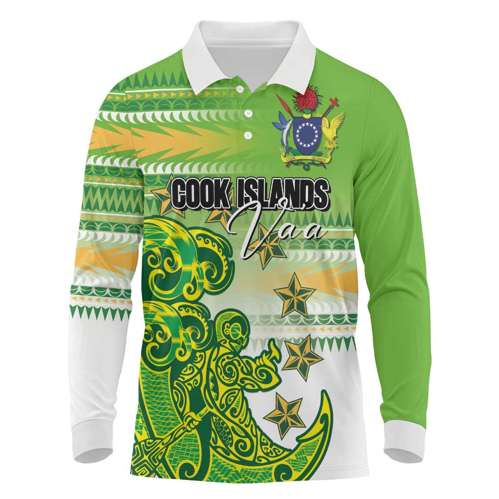 Personalised Cook Islands Va'a Race Long Sleeve Polo Shirt Te Tatau Tattoos Sporty Style Green-White Color LT03 Green - Polynesian Pride