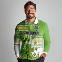 Personalised Cook Islands Va'a Race Long Sleeve Polo Shirt Te Tatau Tattoos Sporty Style Green-White Color LT03 - Polynesian Pride