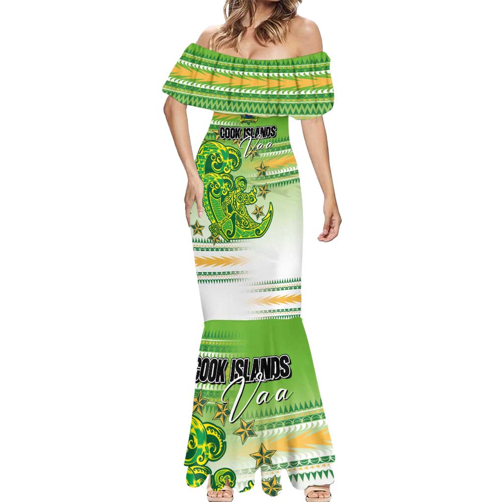 Personalised Cook Islands Va'a Race Mermaid Dress Te Tatau Tattoos Sporty Style Green-White Color LT03 - Polynesian Pride