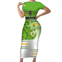 Personalised Cook Islands Va'a Race Short Sleeve Bodycon Dress Te Tatau Tattoos Sporty Style Green-White Color LT03 Long Dress Green - Polynesian Pride