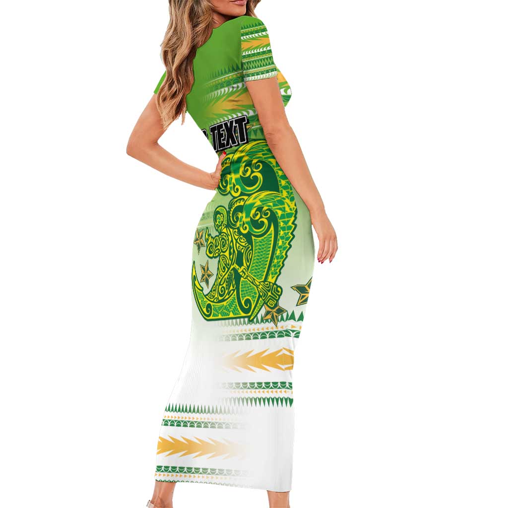 Personalised Cook Islands Va'a Race Short Sleeve Bodycon Dress Te Tatau Tattoos Sporty Style Green-White Color LT03 - Polynesian Pride