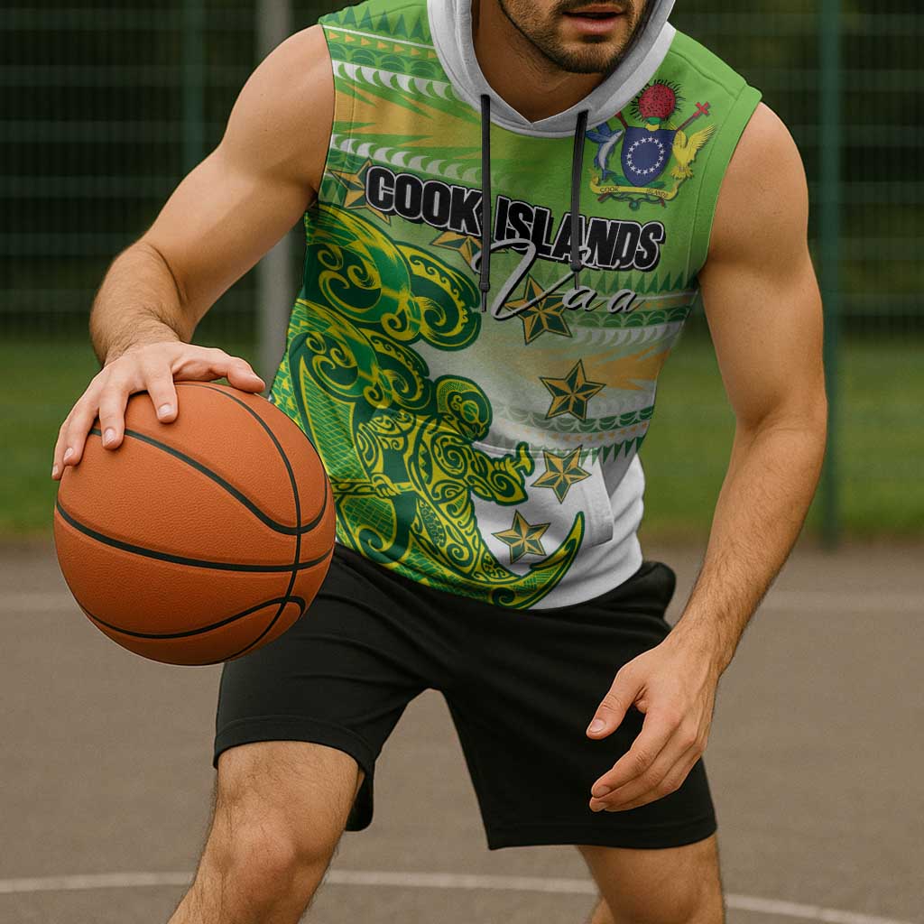 Personalised Cook Islands Va'a Race Sleeveless Hoodie Te Tatau Tattoos Sporty Style Green-White Color LT03 - Polynesian Pride