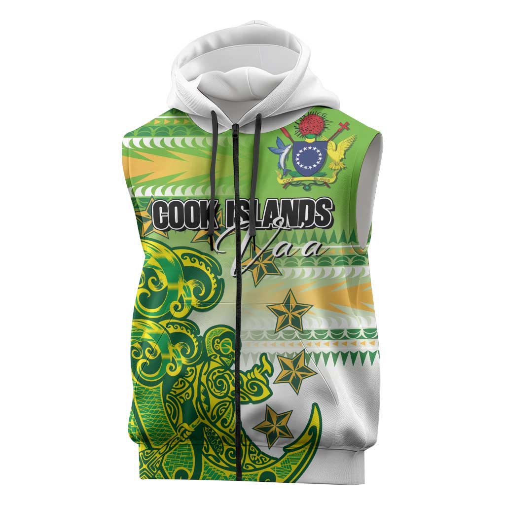 Personalised Cook Islands Va'a Race Sleeveless Zip Hoodie Te Tatau Tattoos Sporty Style Green-White Color - Polynesian Pride