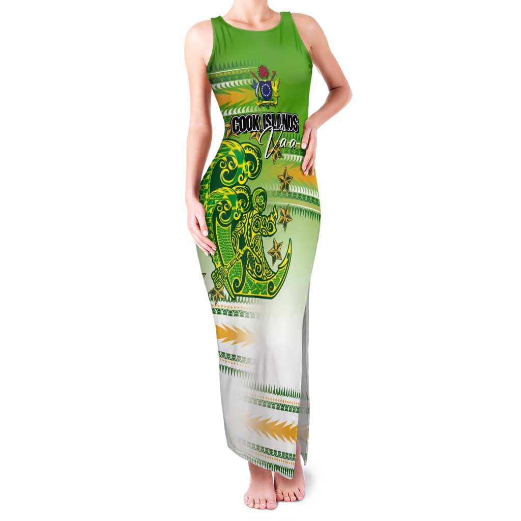 Personalised Cook Islands Va'a Race Tank Maxi Dress Te Tatau Tattoos Sporty Style Green-White Color LT03 Women Green - Polynesian Pride