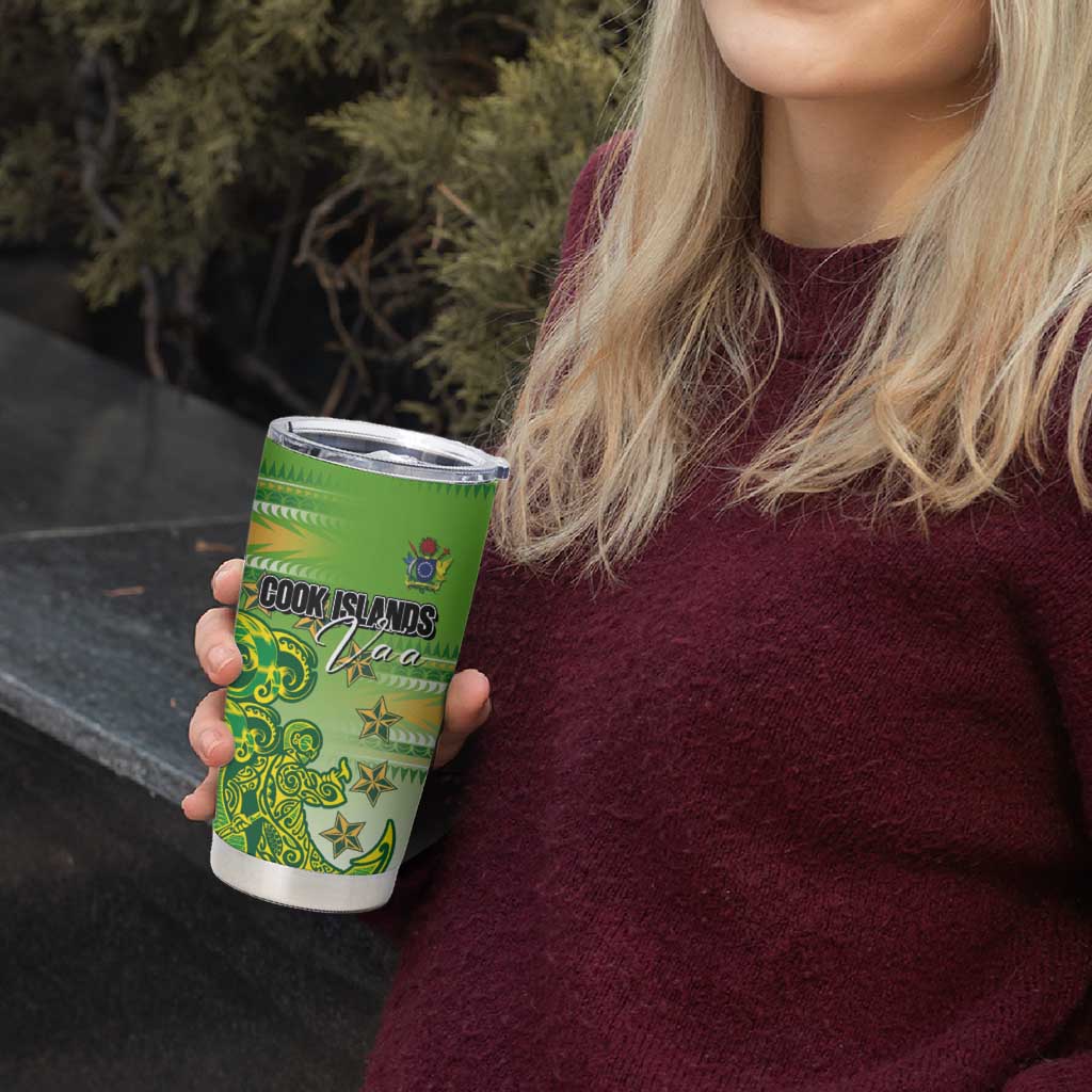 Personalised Cook Islands Va'a Race Tumbler Cup Te Tatau Tattoos Sporty Style Green-White Color - Polynesian Pride