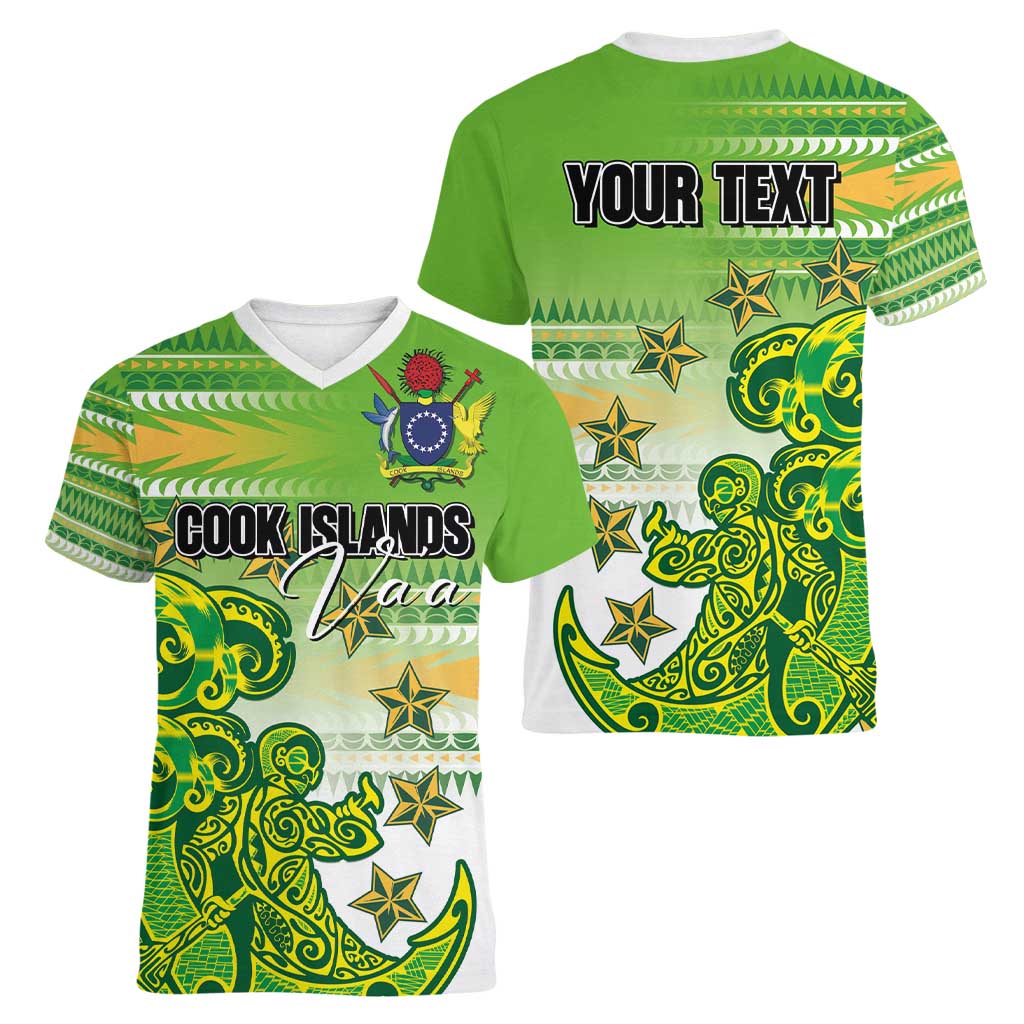 Personalised Cook Islands Va'a Race Women V-Neck T-Shirt Te Tatau Tattoos Sporty Style Green-White Color LT03 - Polynesian Pride