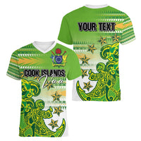 Personalised Cook Islands Va'a Race Women V-Neck T-Shirt Te Tatau Tattoos Sporty Style Green-White Color LT03 - Polynesian Pride