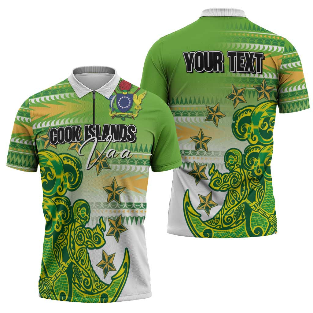 Personalised Cook Islands Va'a Race Zipper Polo Shirt Te Tatau Tattoos Sporty Style Green-White Color LT03 - Polynesian Pride