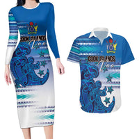 Personalised Cook Islands Va'a Race Couples Matching Long Sleeve Bodycon Dress and Hawaiian Shirt Te Tatau Tattoos Sporty Style Light Blue Color LT03 Blue - Polynesian Pride
