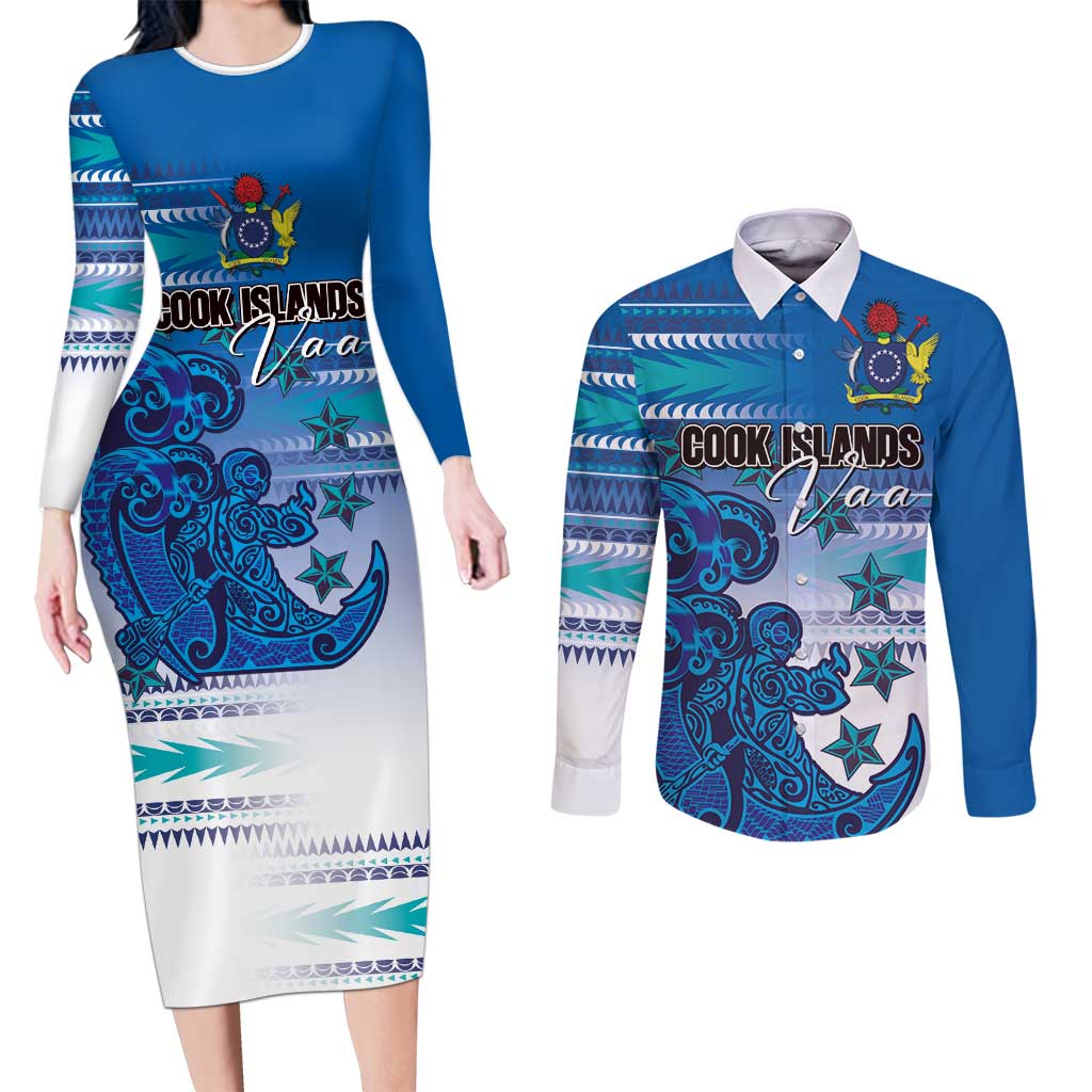 Personalised Cook Islands Va'a Race Couples Matching Long Sleeve Bodycon Dress and Long Sleeve Button Shirt Te Tatau Tattoos Sporty Style Light Blue Color LT03 Blue - Polynesian Pride