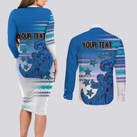 Personalised Cook Islands Va'a Race Couples Matching Long Sleeve Bodycon Dress and Long Sleeve Button Shirt Te Tatau Tattoos Sporty Style Light Blue Color LT03 - Polynesian Pride