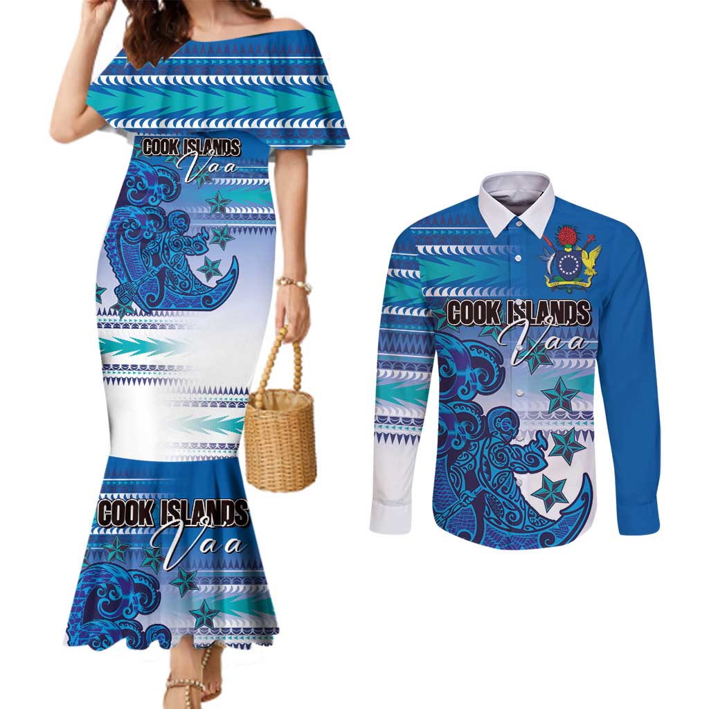 Personalised Cook Islands Va'a Race Couples Matching Mermaid Dress and Long Sleeve Button Shirt Te Tatau Tattoos Sporty Style Light Blue Color LT03 Blue - Polynesian Pride