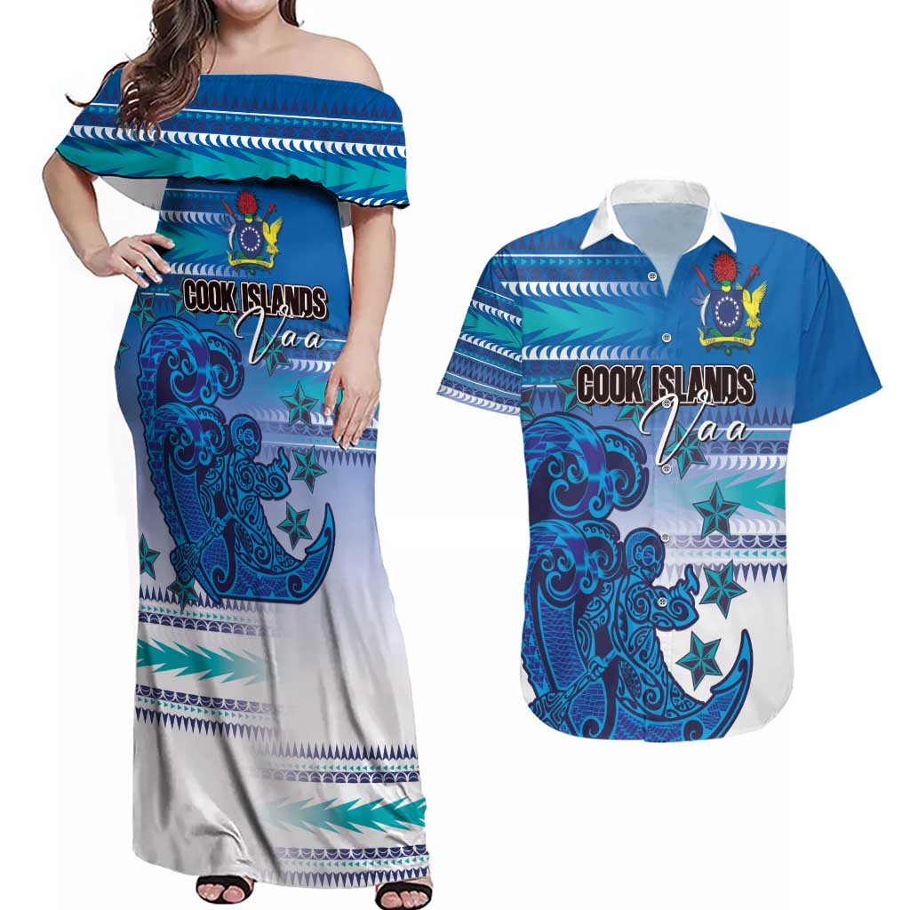 Personalised Cook Islands Va'a Race Couples Matching Off Shoulder Maxi Dress and Hawaiian Shirt Te Tatau Tattoos Sporty Style Light Blue Color LT03 Blue - Polynesian Pride