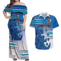 Personalised Cook Islands Va'a Race Couples Matching Off Shoulder Maxi Dress and Hawaiian Shirt Te Tatau Tattoos Sporty Style Light Blue Color LT03 Blue - Polynesian Pride