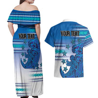 Personalised Cook Islands Va'a Race Couples Matching Off Shoulder Maxi Dress and Hawaiian Shirt Te Tatau Tattoos Sporty Style Light Blue Color LT03 - Polynesian Pride