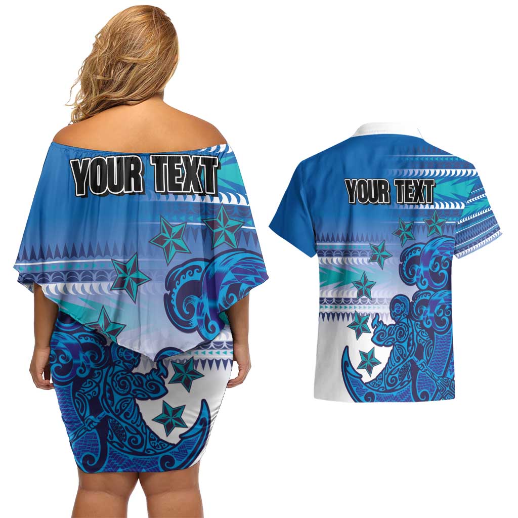 Personalised Cook Islands Va'a Race Couples Matching Off Shoulder Short Dress and Hawaiian Shirt Te Tatau Tattoos Sporty Style Light Blue Color LT03 - Polynesian Pride