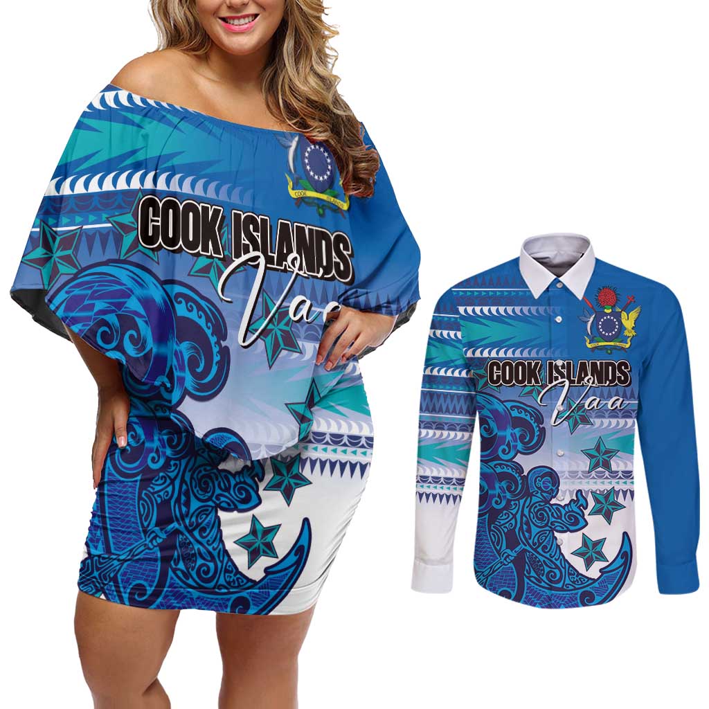 Personalised Cook Islands Va'a Race Couples Matching Off Shoulder Short Dress and Long Sleeve Button Shirt Te Tatau Tattoos Sporty Style Light Blue Color LT03 Blue - Polynesian Pride