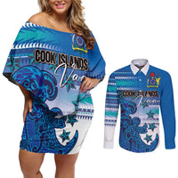 Personalised Cook Islands Va'a Race Couples Matching Off Shoulder Short Dress and Long Sleeve Button Shirt Te Tatau Tattoos Sporty Style Light Blue Color LT03 Blue - Polynesian Pride