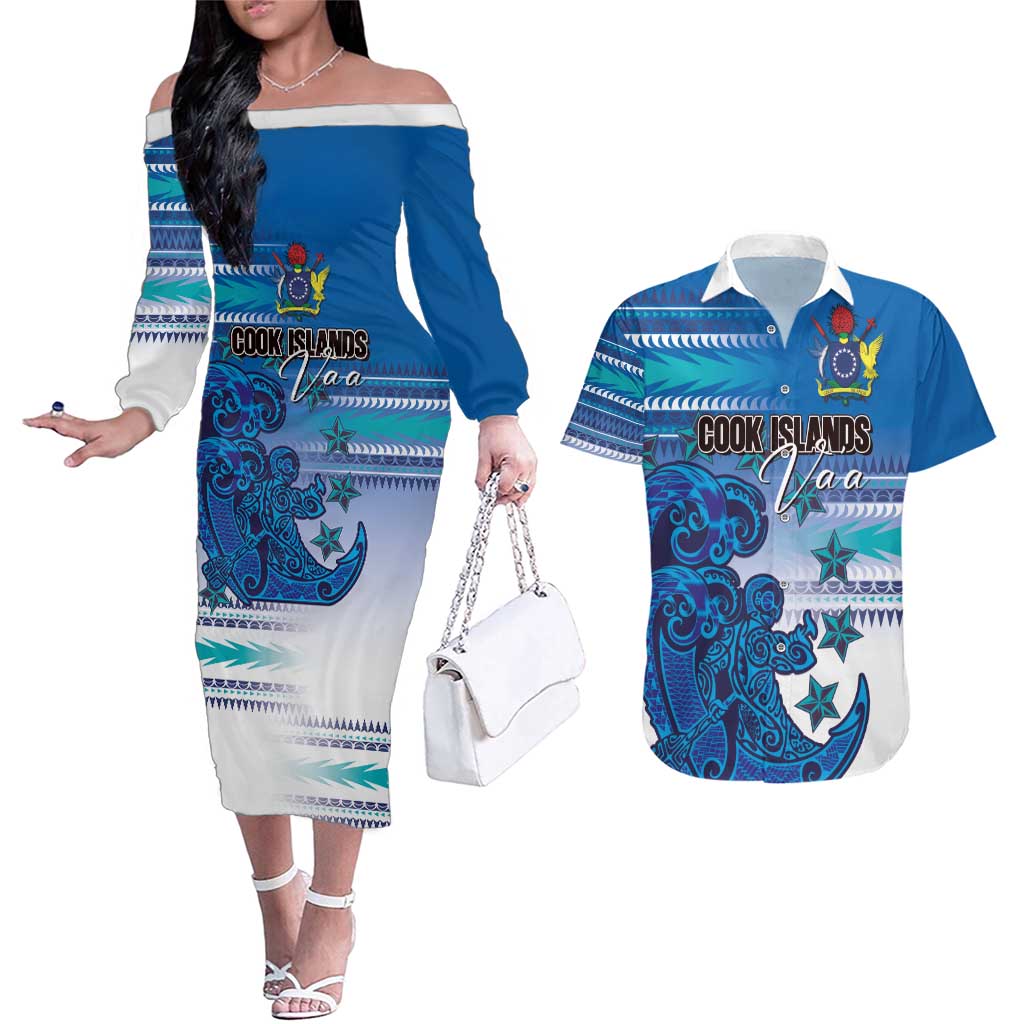 Personalised Cook Islands Va'a Race Couples Matching Off The Shoulder Long Sleeve Dress and Hawaiian Shirt Te Tatau Tattoos Sporty Style Light Blue Color LT03 Blue - Polynesian Pride