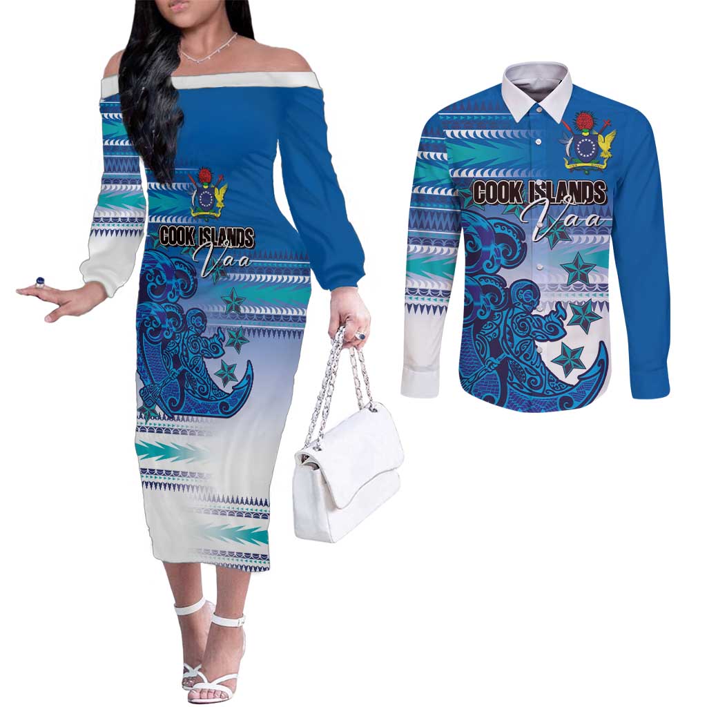 Personalised Cook Islands Va'a Race Couples Matching Off The Shoulder Long Sleeve Dress and Long Sleeve Button Shirt Te Tatau Tattoos Sporty Style Light Blue Color LT03 Blue - Polynesian Pride