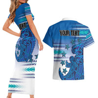 Personalised Cook Islands Va'a Race Couples Matching Short Sleeve Bodycon Dress and Hawaiian Shirt Te Tatau Tattoos Sporty Style Light Blue Color LT03 - Polynesian Pride