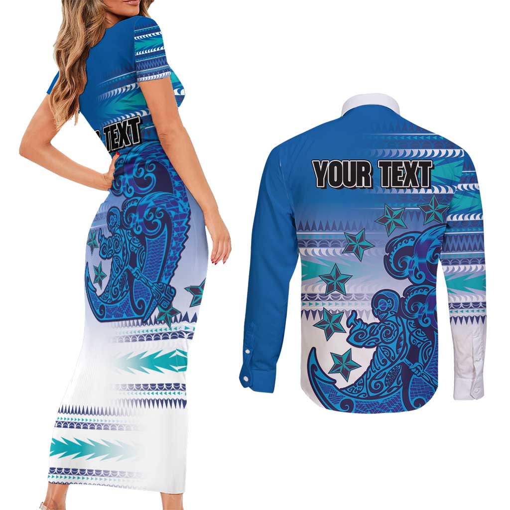 Personalised Cook Islands Va'a Race Couples Matching Short Sleeve Bodycon Dress and Long Sleeve Button Shirt Te Tatau Tattoos Sporty Style Light Blue Color LT03 - Polynesian Pride