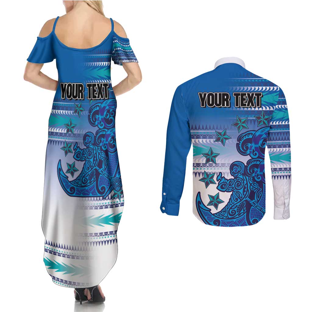 Personalised Cook Islands Va'a Race Couples Matching Summer Maxi Dress and Long Sleeve Button Shirt Te Tatau Tattoos Sporty Style Light Blue Color LT03 - Polynesian Pride
