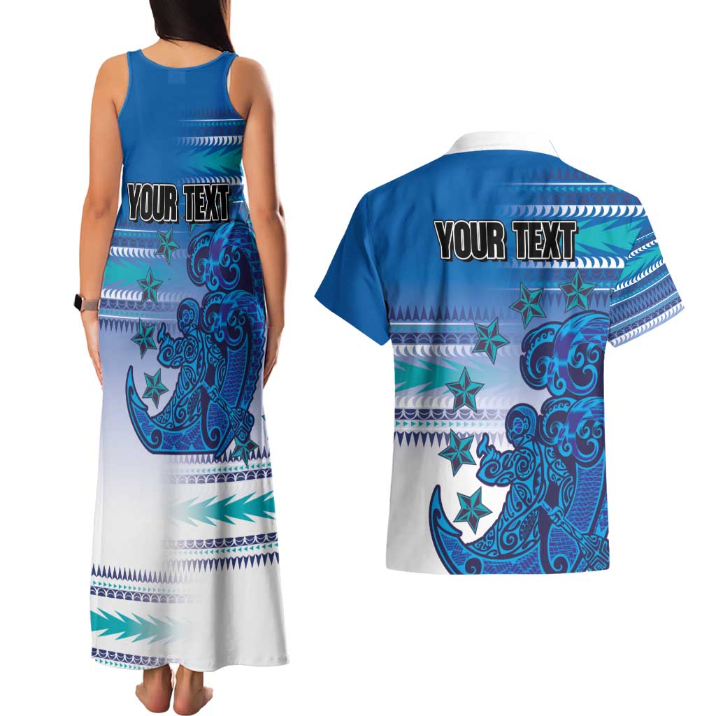Personalised Cook Islands Va'a Race Couples Matching Tank Maxi Dress and Hawaiian Shirt Te Tatau Tattoos Sporty Style Light Blue Color LT03 - Polynesian Pride
