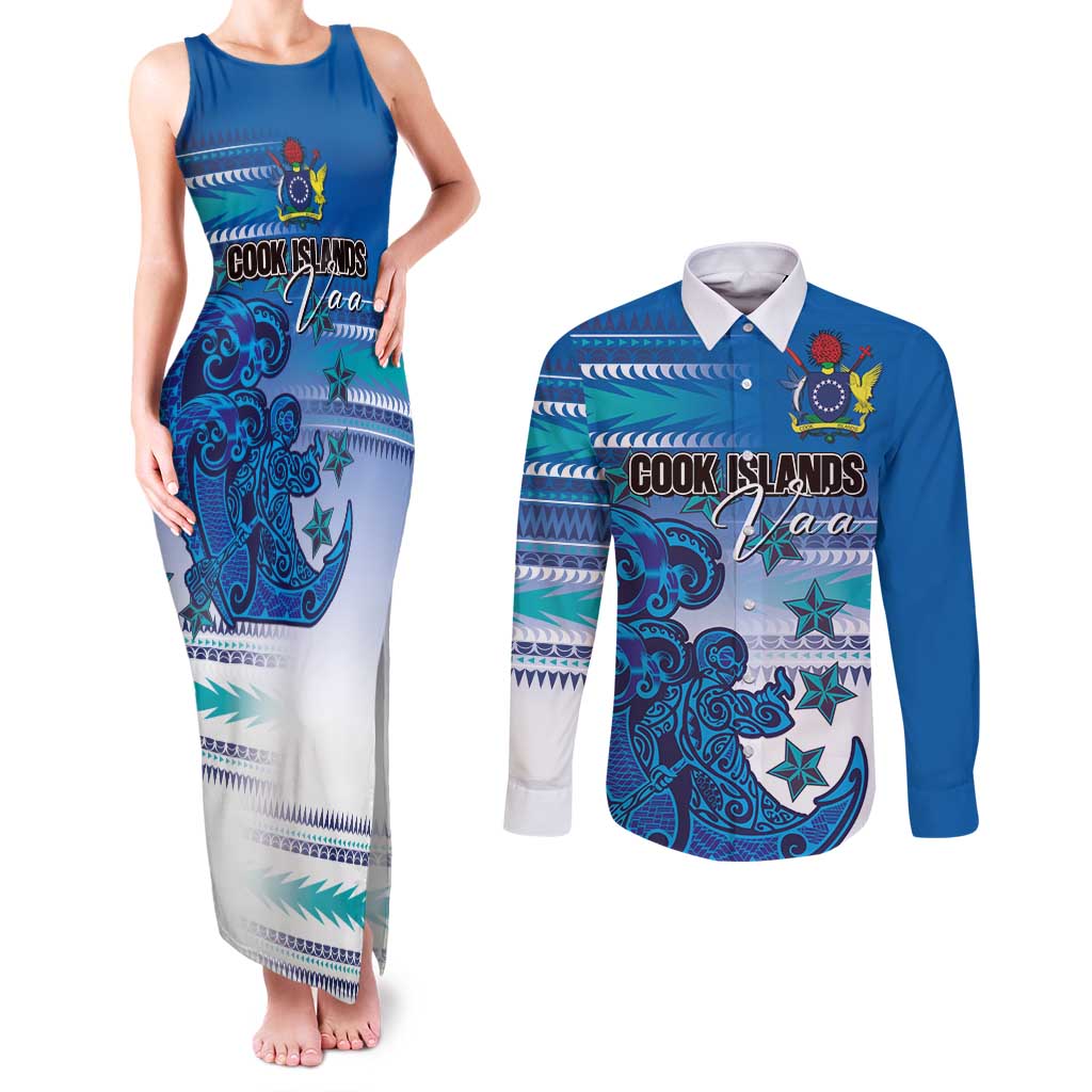 Personalised Cook Islands Va'a Race Couples Matching Tank Maxi Dress and Long Sleeve Button Shirt Te Tatau Tattoos Sporty Style Light Blue Color LT03 Blue - Polynesian Pride