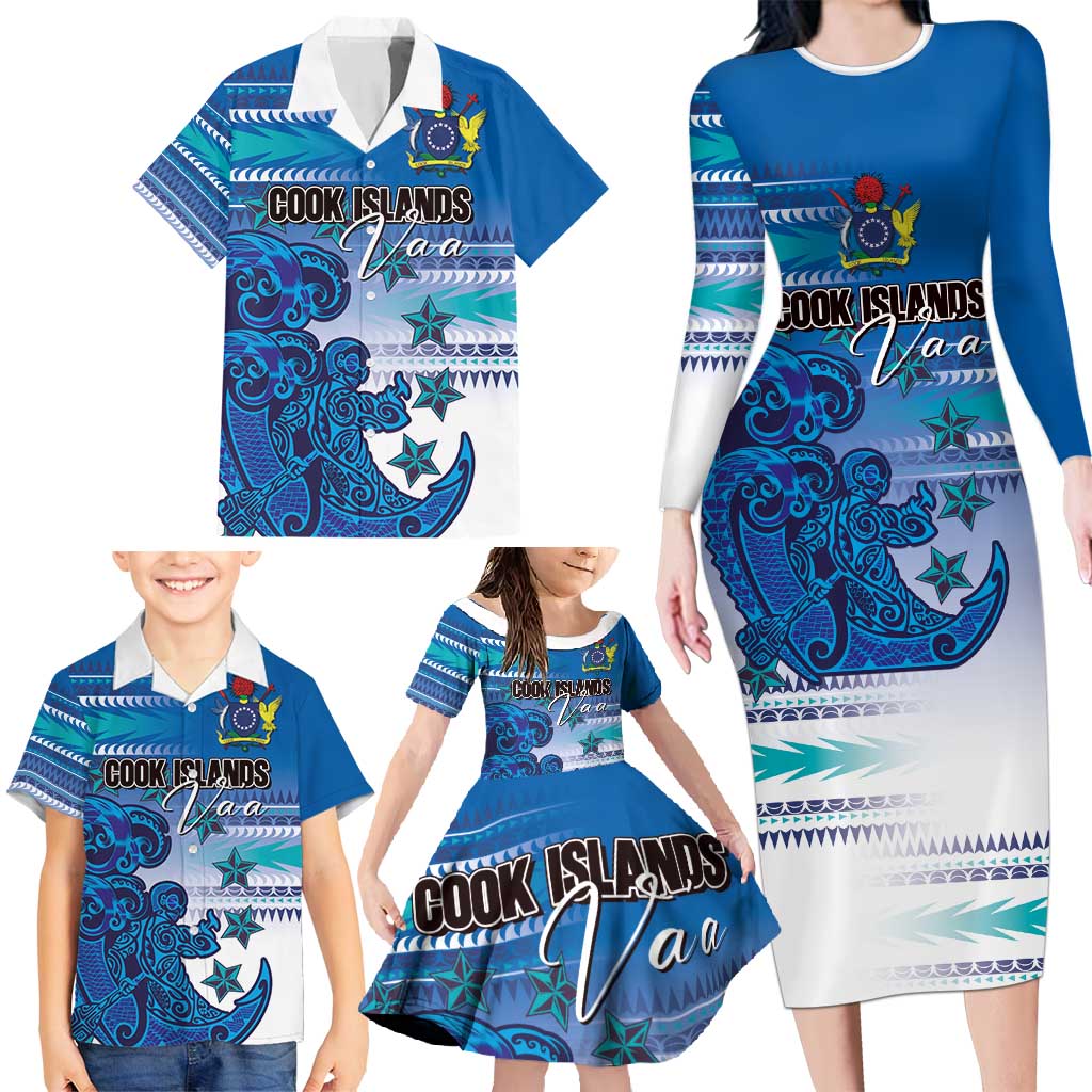 Personalised Cook Islands Va'a Race Family Matching Long Sleeve Bodycon Dress and Hawaiian Shirt Te Tatau Tattoos Sporty Style Light Blue Color LT03 - Polynesian Pride