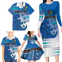 Personalised Cook Islands Va'a Race Family Matching Long Sleeve Bodycon Dress and Hawaiian Shirt Te Tatau Tattoos Sporty Style Light Blue Color LT03 - Polynesian Pride