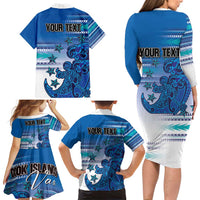 Personalised Cook Islands Va'a Race Family Matching Long Sleeve Bodycon Dress and Hawaiian Shirt Te Tatau Tattoos Sporty Style Light Blue Color LT03 - Polynesian Pride