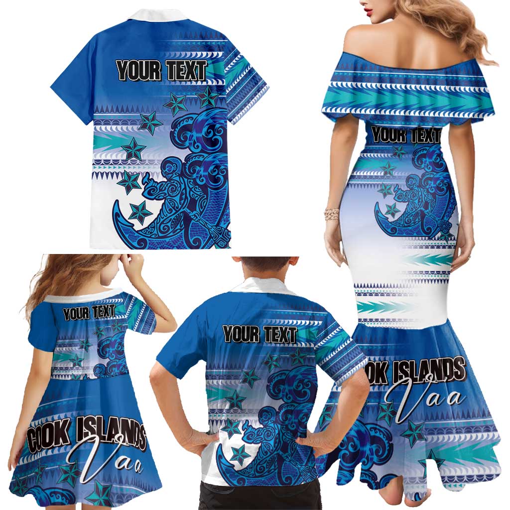 Personalised Cook Islands Va'a Race Family Matching Mermaid Dress and Hawaiian Shirt Te Tatau Tattoos Sporty Style Light Blue Color LT03 - Polynesian Pride