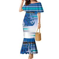 Personalised Cook Islands Va'a Race Family Matching Mermaid Dress and Hawaiian Shirt Te Tatau Tattoos Sporty Style Light Blue Color LT03 Mom's Dress Blue - Polynesian Pride