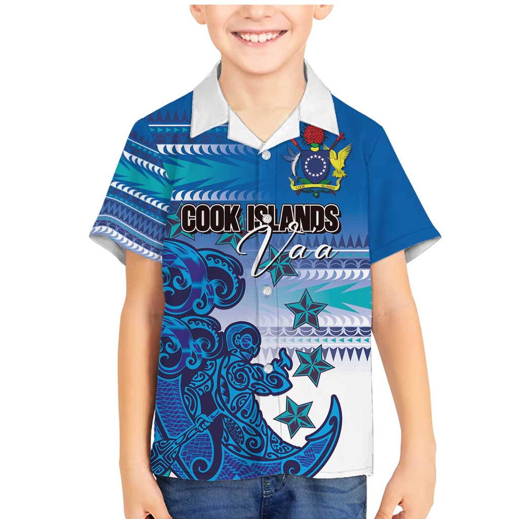 Personalised Cook Islands Va'a Race Family Matching Mermaid Dress and Hawaiian Shirt Te Tatau Tattoos Sporty Style Light Blue Color LT03 Son's Shirt Blue - Polynesian Pride