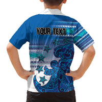 Personalised Cook Islands Va'a Race Family Matching Off The Shoulder Long Sleeve Dress and Hawaiian Shirt Te Tatau Tattoos Sporty Style Light Blue Color LT03 - Polynesian Pride