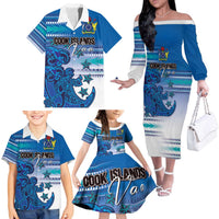 Personalised Cook Islands Va'a Race Family Matching Off The Shoulder Long Sleeve Dress and Hawaiian Shirt Te Tatau Tattoos Sporty Style Light Blue Color LT03 - Polynesian Pride