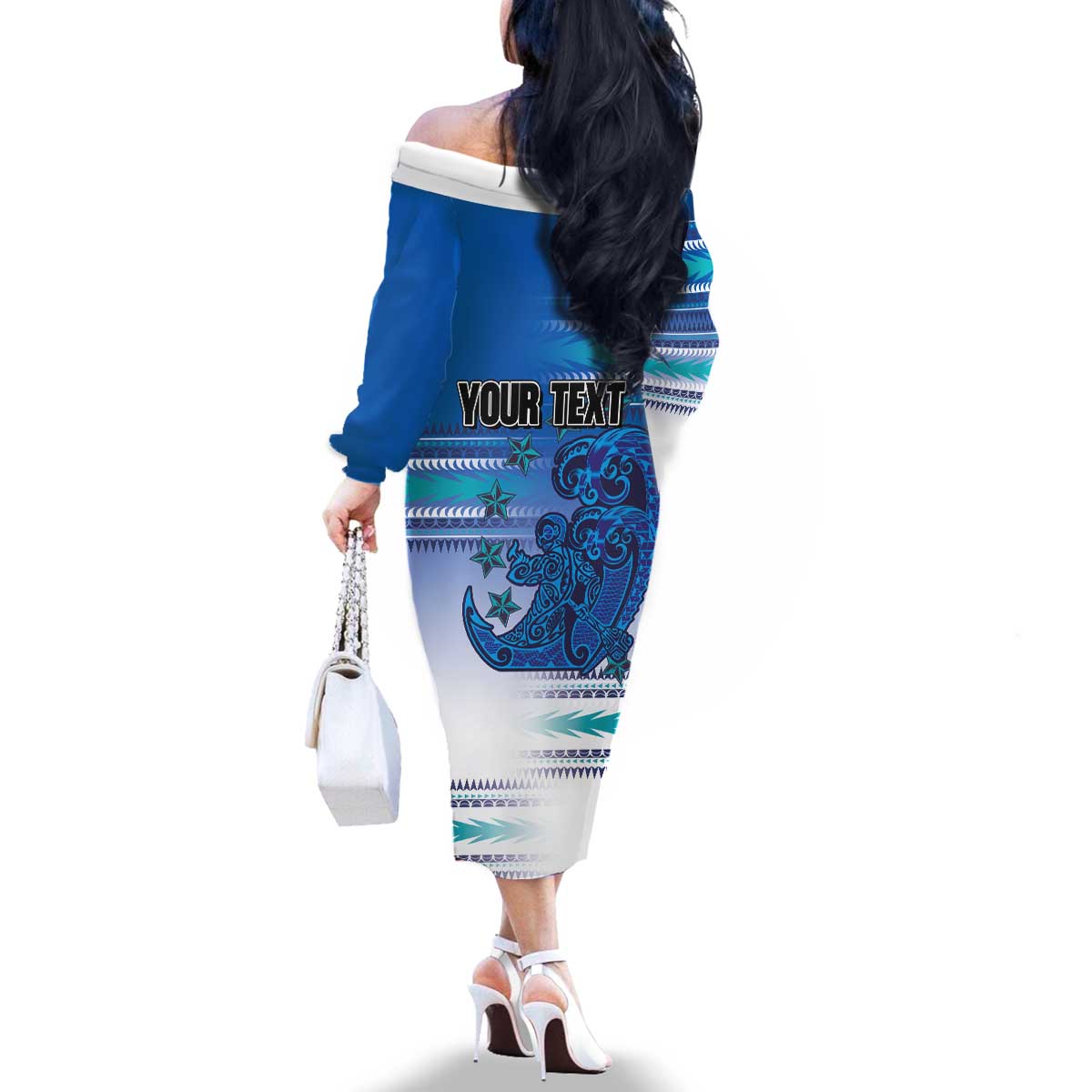 Personalised Cook Islands Va'a Race Family Matching Off The Shoulder Long Sleeve Dress and Hawaiian Shirt Te Tatau Tattoos Sporty Style Light Blue Color LT03 - Polynesian Pride