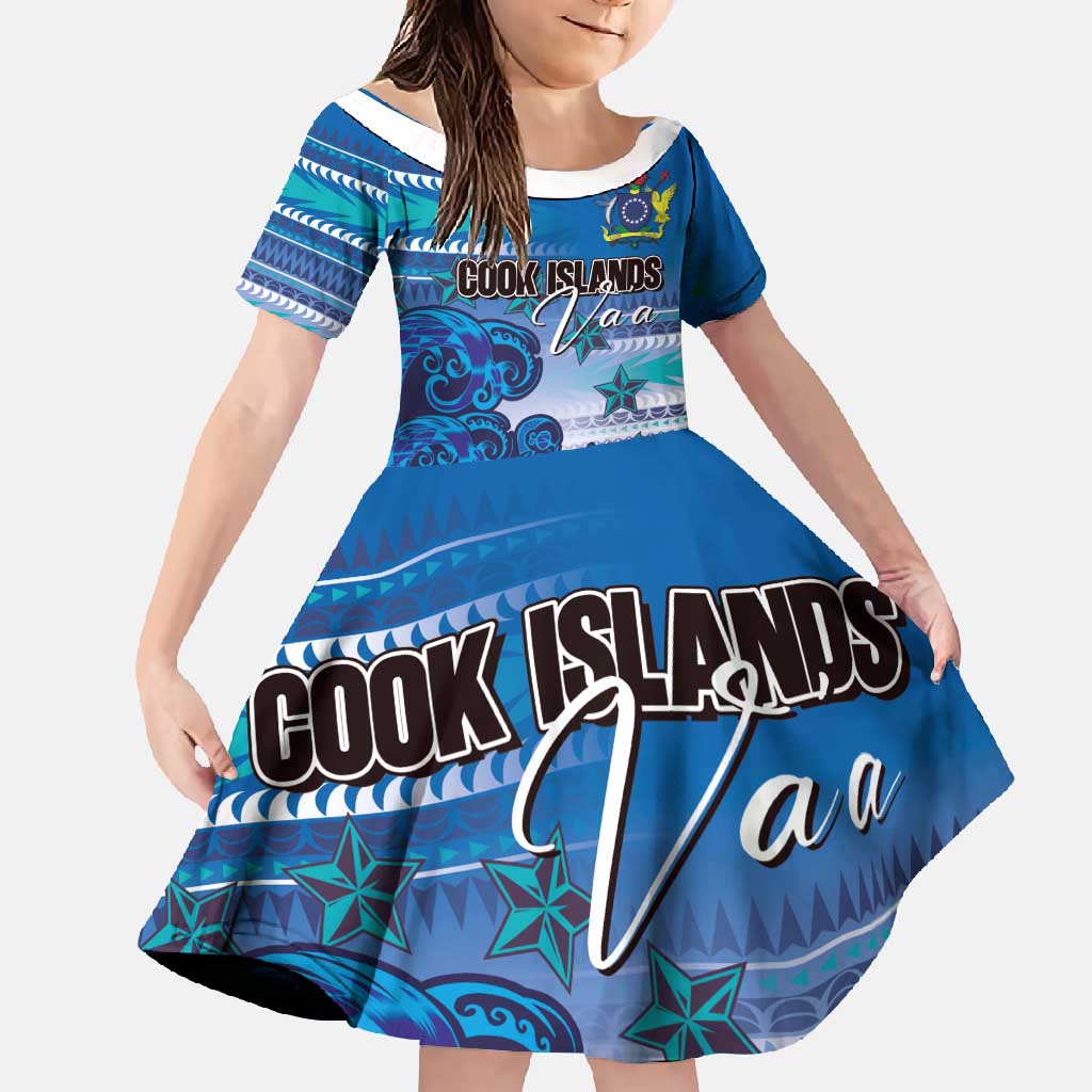 Personalised Cook Islands Va'a Race Family Matching Off Shoulder Maxi Dress and Hawaiian Shirt Te Tatau Tattoos Sporty Style Light Blue Color LT03 Daughter's Dress Blue - Polynesian Pride