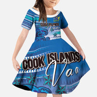 Personalised Cook Islands Va'a Race Family Matching Off Shoulder Maxi Dress and Hawaiian Shirt Te Tatau Tattoos Sporty Style Light Blue Color LT03 Daughter's Dress Blue - Polynesian Pride