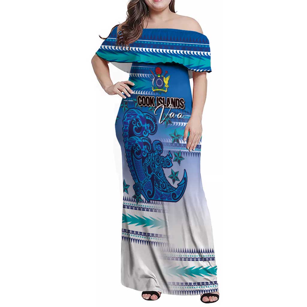Personalised Cook Islands Va'a Race Family Matching Off Shoulder Maxi Dress and Hawaiian Shirt Te Tatau Tattoos Sporty Style Light Blue Color LT03 Mom's Dress Blue - Polynesian Pride