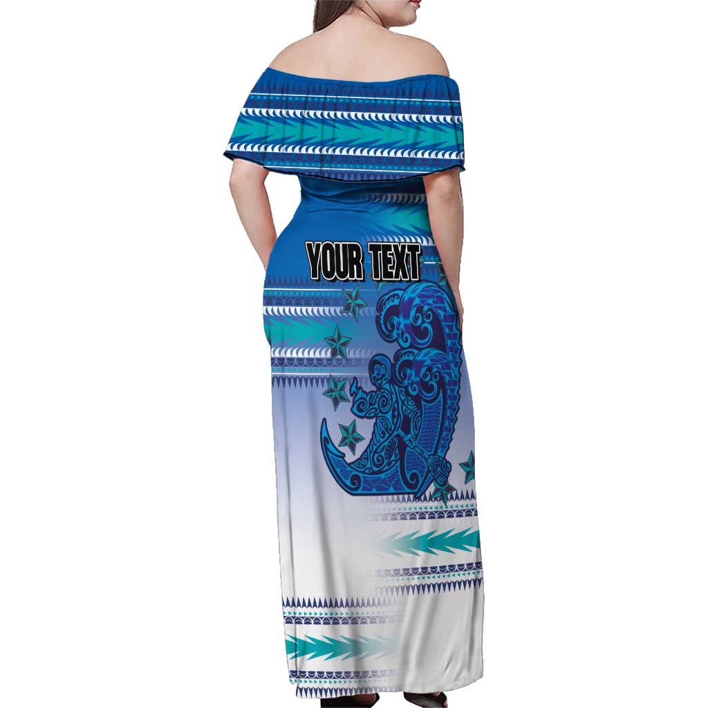 Personalised Cook Islands Va'a Race Family Matching Off Shoulder Maxi Dress and Hawaiian Shirt Te Tatau Tattoos Sporty Style Light Blue Color LT03 - Polynesian Pride
