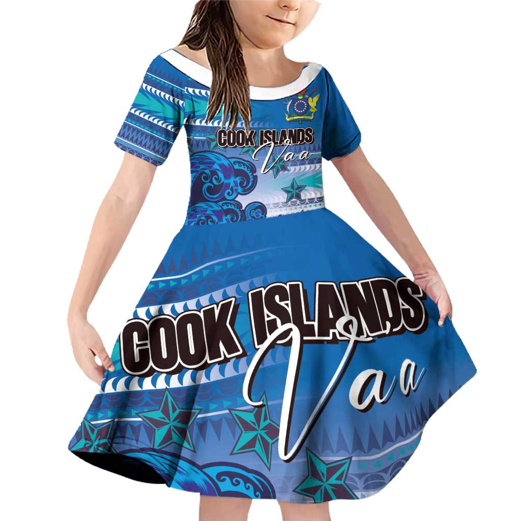 Personalised Cook Islands Va'a Race Family Matching Off Shoulder Short Dress and Hawaiian Shirt Te Tatau Tattoos Sporty Style Light Blue Color LT03 Daughter's Dress Blue - Polynesian Pride