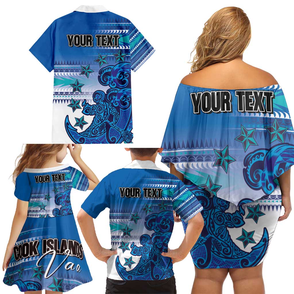 Personalised Cook Islands Va'a Race Family Matching Off Shoulder Short Dress and Hawaiian Shirt Te Tatau Tattoos Sporty Style Light Blue Color LT03 - Polynesian Pride