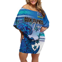 Personalised Cook Islands Va'a Race Family Matching Off Shoulder Short Dress and Hawaiian Shirt Te Tatau Tattoos Sporty Style Light Blue Color LT03 Mom's Dress Blue - Polynesian Pride