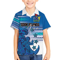 Personalised Cook Islands Va'a Race Family Matching Off Shoulder Short Dress and Hawaiian Shirt Te Tatau Tattoos Sporty Style Light Blue Color LT03 Son's Shirt Blue - Polynesian Pride