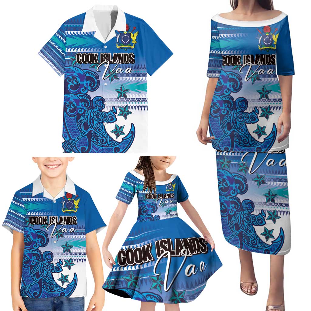 Personalised Cook Islands Va'a Race Family Matching Puletasi and Hawaiian Shirt Te Tatau Tattoos Sporty Style Light Blue Color LT03 - Polynesian Pride